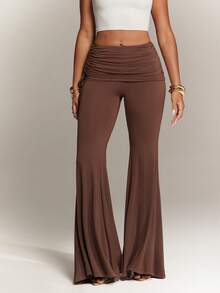 Denimoi Fold Over Waist Flare Pants Summer Outfits Euro Summer Vacation Fashion Bottoms Fashion Pants - Brown - View 3