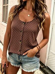 EMERY ROSE Plus Size Women's Polka Dot Contrast Color Round Neck Button Vest, Round Neck Button Strap Tank Top, Suitable For Daily Casual Wear - Multicolor - View 4