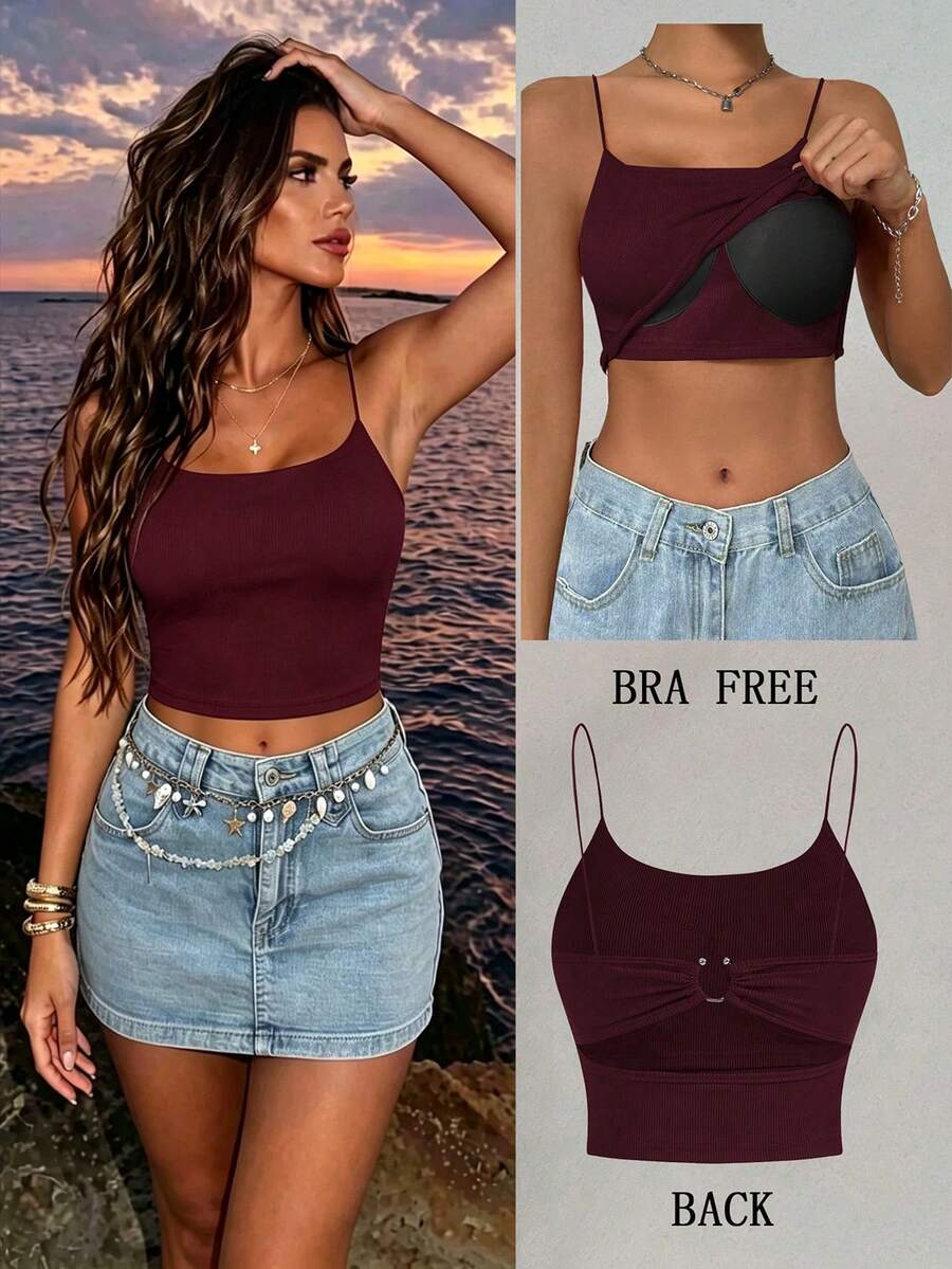 SHEIN Allurite Unity 1pc 情人节女士纯色罗纹金属扣吊带背心新年上衣,夏季 - 紅色 - 查看 1