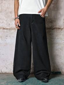 Skyrend Grunge Goth Y2K 风格男士休闲刺绣宽松阔腿牛仔裤，四季皆宜，时尚街头风，适合工作、通勤、舞台表演、朋友聚会、户外活动等场合。 - 黑色 - 查看 3