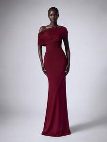 Elitara Elegant Sequin Patchwork Elastic Knit Asymmetric Ruffle Fishtail Maxi Dress, Women's Formal Evening Gown Wedding Party - Burgundy - View 4