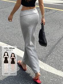 Livesso Tall 女款修身顯瘦超長街頭休閒優雅基礎半身裙 秋季 - 淺灰色 - 查看 4