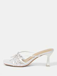 CUCCOO HITCHD 溫柔風蕾絲方頭高跟涼鞋，白色蝴蝶結一腳蹬女款夏季外穿鞋 - 白色 - 查看 2