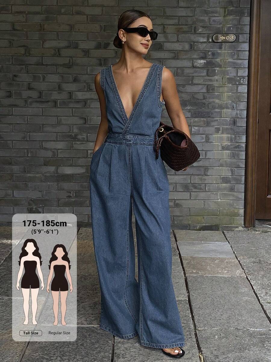 Livesso Tall 女款夏季深V領收腰長褲度假風牛仔連身褲 - 中等水洗藍 - 查看 1