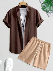 Genlund Conjunto de camisa de manga corta con textura y abotonadura sencilla y pantalones cortos con cintura de cordón y bolsillos para hombre - Marrón - Ver 3