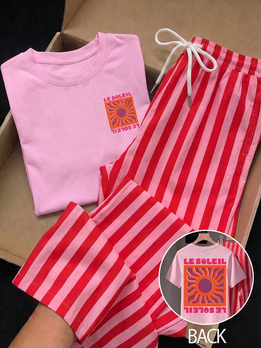 Comfortcana 2件組休閒圓領短袖上衣與條紋印花長褲,度假夏季服飾,街頭風,適合日常通勤、約會、派對、秋冬/夏季、婚禮、海灘、畢業典禮,優雅休閒外出穿搭,Y2K音樂祭套裝,假日海灘度假套裝 - 彩色 - 查看 1