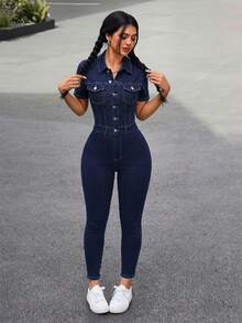 SHEIN PETITE 女款夏季時尚鈕扣半拉鍊修身牛仔連身褲，適合嬌小女性 - 深色水洗藍 - 查看 5