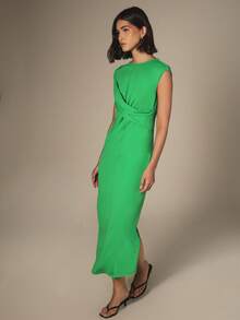 KSTM Twist Front Jersey Midi Dress With Cap Sleeve Ruched Waist Detail Sleek Bodycon Silhouette Elegant Evening - Green - View 3