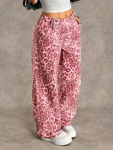 SHEIN Tall Women's Outdoor Y2k Streetwear Street Fashion Versatile Pink Leopard Print Multi-Pocket Denim Wide Leg Pants Night Out Summer - Pink - View 6