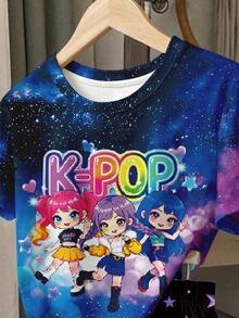 少女可愛休閒卡通女團圖案 星形短袖T恤與短褲兩件套 夏季適用 - 彩色 - 查看 5
