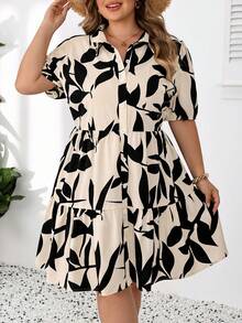 SHEIN CURVE+ 大尺碼US22音樂節海邊度假波希米亞風女款花卉豹紋短澎澎袖單排扣時尚襯衫洋裝 - 彩色 - 查看 3
