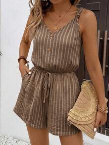 Serisse Women Texture Button Decor Elastic Waistband Summer Simple Casual Romper Beach Brown Striped - Coffee Brown - View 8