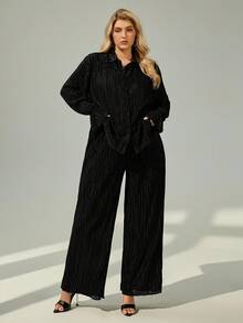 Shapeblank Plus Flounce Sleeve Shirt & Wide Leg Pants Fall - Black - View 4