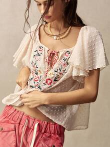 Bohemela 夏/秋度假刺繡花卉圖案梭織寬鬆女款襯衫，日常穿著，鄉村音樂會派對，返校季 - 彩色 - 查看 4