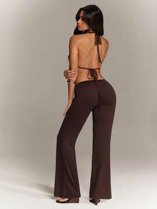 Denimoi Women's Sexy Halter Top With Beaded Detail And Asymmetrical Straight Leg Pants Set Club Night Out Party Vacation Chocolate Brown Summer - Brown - View 2