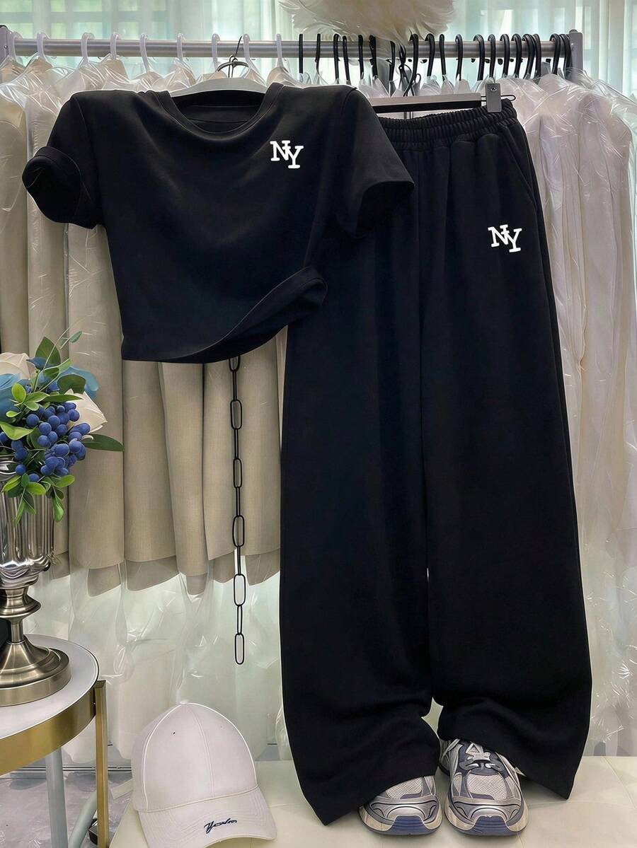 Teen Girl Letter Print Round Neck Short Sleeve T-Shirt And Long Pants Casual Daily Outfit - Multicolor - View 1