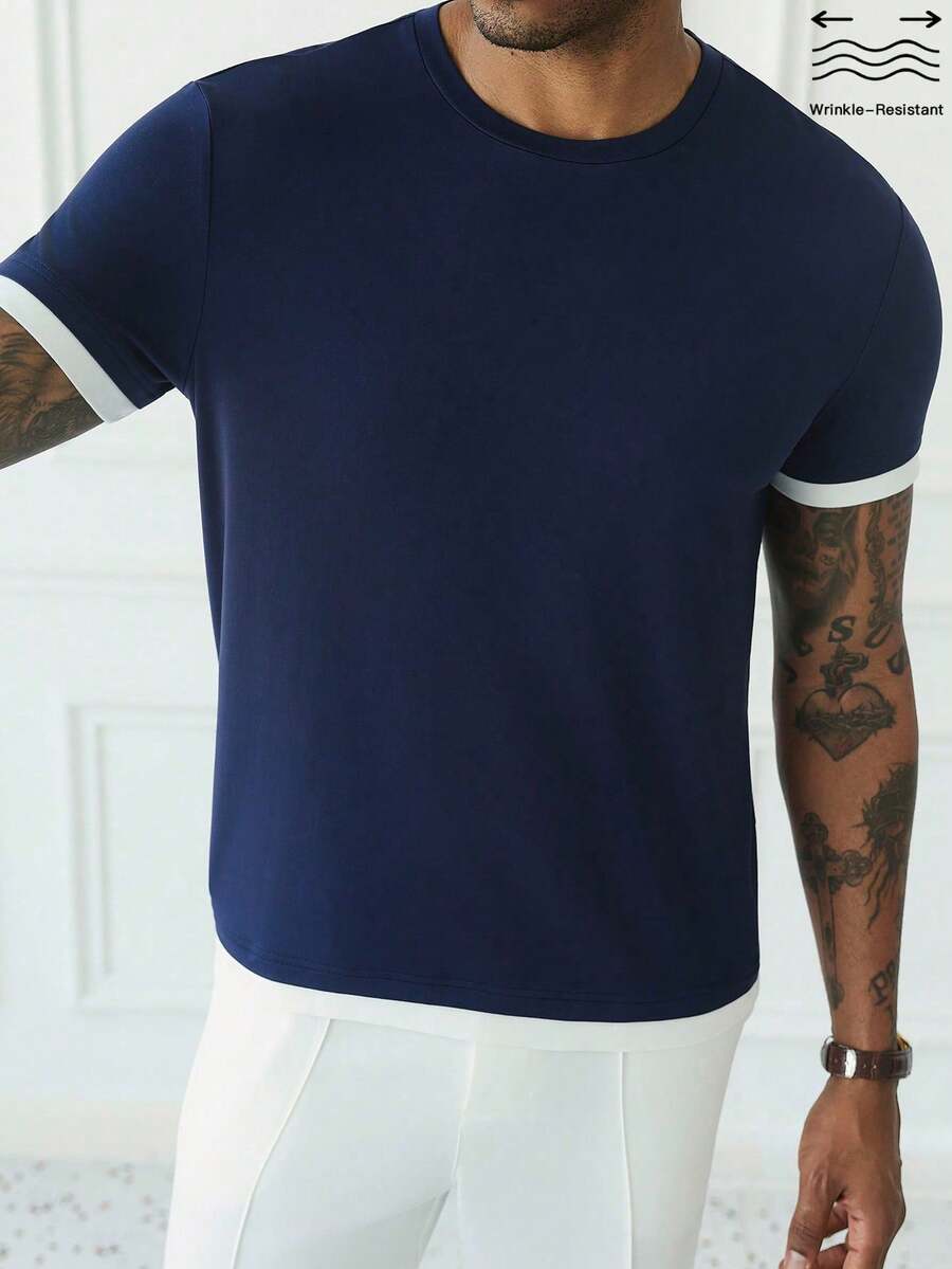 HUEFORM Atasan Lengan Pendek Pria Anti Kerut Warna Blok Minimalis Kasual untuk Perjalanan Sehari-hari - Navy Blue - View 1