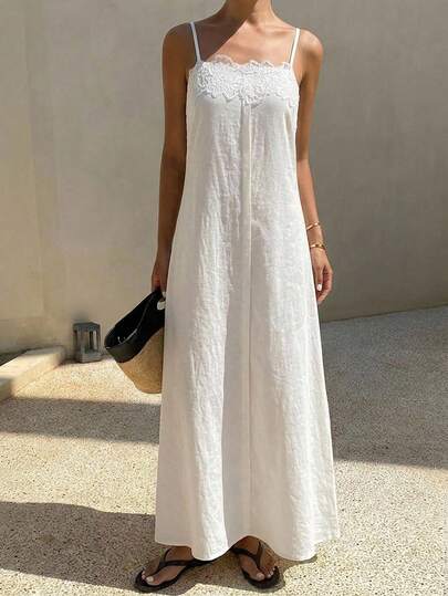 DAZY Contrast Lace Waist Cinched A-Line Dress, Elegant Summer Holiday Sleeveless Long Dress For Women