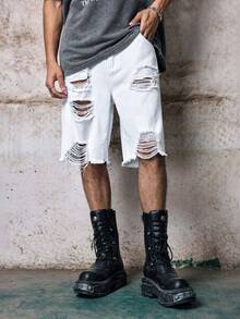 Skyrend 男士休閒夏季純色破洞牛仔短褲 Jorts 哥德龐克街頭風 Emo 男孩穿搭 - 白色 - 查看 5