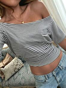 Avenya Asymmetrical Shoulder Striped Waist-Cinching Knit Top - Multicolor - View 7