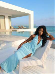 Slaydiva Frühling/Sommer Neues Damen Urlaubs-Strandoutfit: Elegantes tropisches sexy plissiertes hellblaues rückenfreies Neckholder-Kleid Badeanzug-Cover-Up Badeanzüge - Babyblau - Übersicht 7