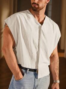 SIGLOCORE Men's Solid Color V-Neck Casual Versatile Daily Wear Top - White - View 5