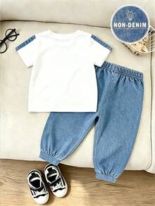 SHEIN Playful Pals 小男孩新款休閒舒適時尚帥氣極簡Logo圖案印花短袖上衣與設計感極簡印花休閒運動長褲套裝 - 彩色 - 查看 6