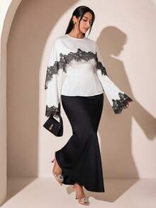 Veilorie Plus Size Women Lace Patchwork Casual Versatile Daily Wear Blouse Fall - White - View 8