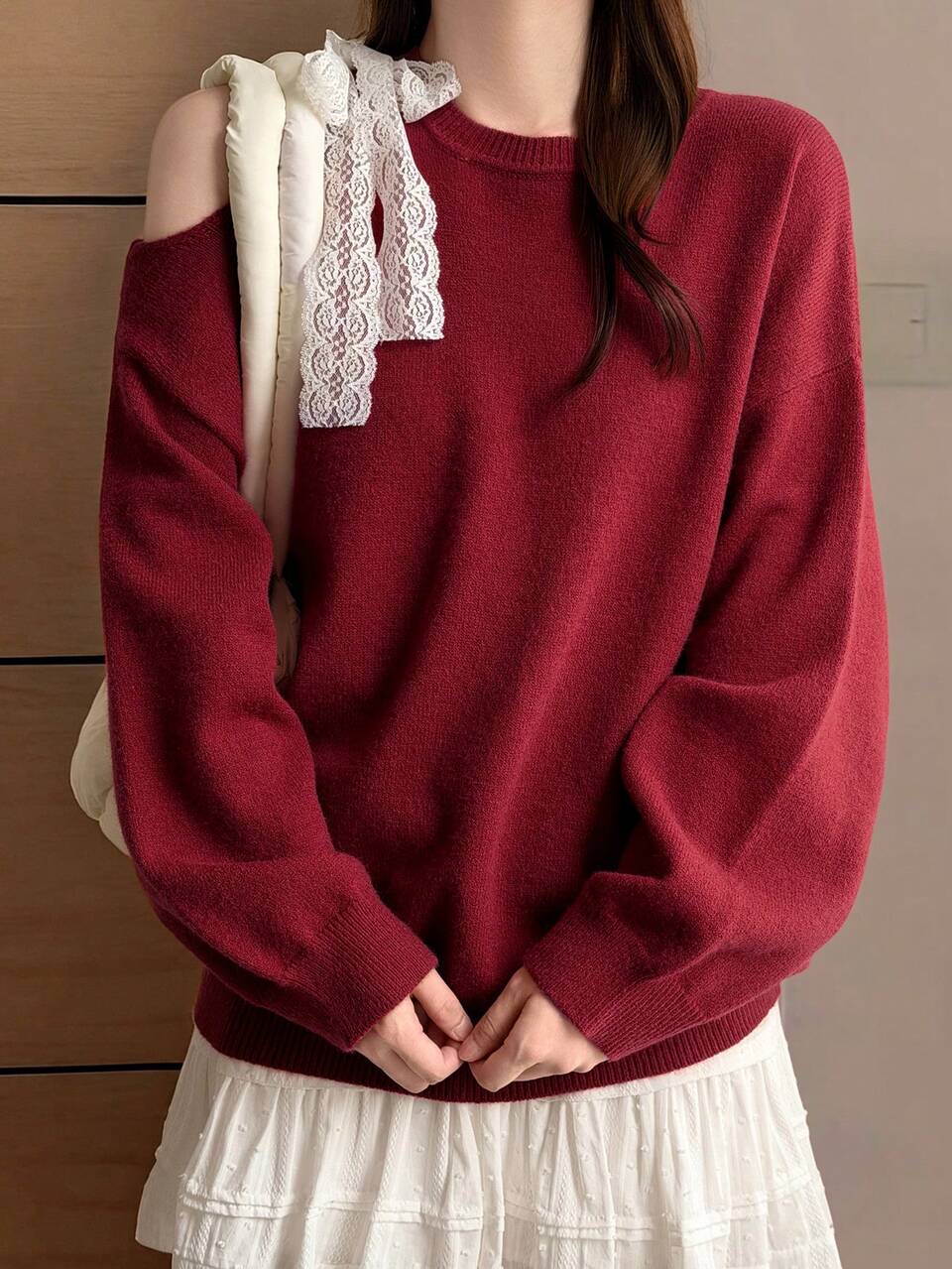 Patchwork Contrast Color Lace Trim Tie Bow Off-Shoulder Long Sleeve Round Neck Red Pullover Knit Sweater Casual Girl Vacation Spring Autumn Women's Sweater