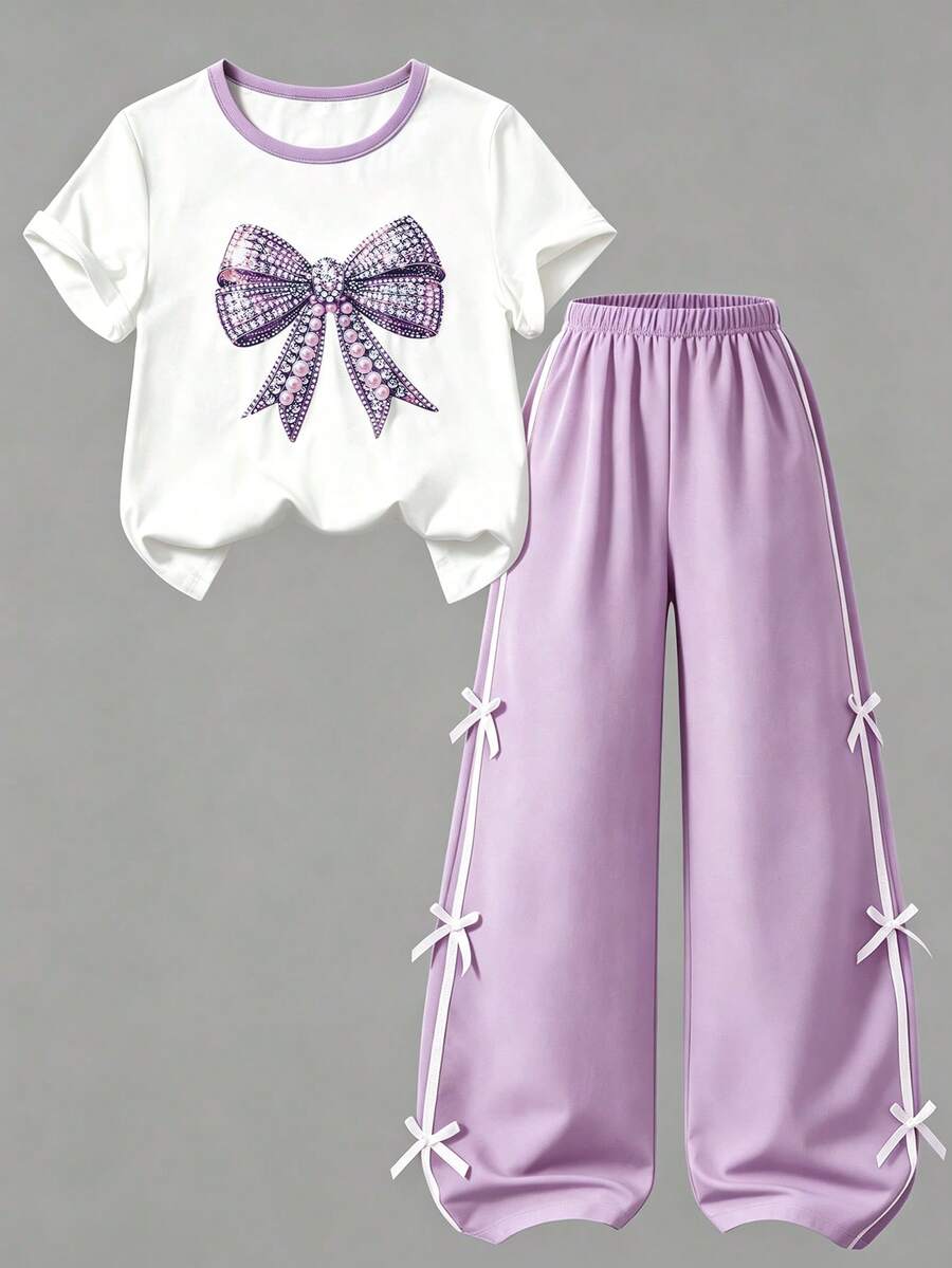 SHEIN 2pcs/Set Teen Short Sleeve & Long Pants Set, Pink Bow Ribbon, Suitable For Spring/Summer, Sports & Commuting - Multicolor - View 1