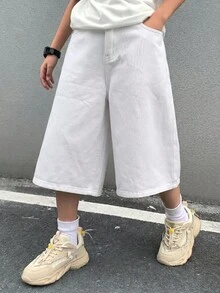 SHEIN 青少年男孩休閒百搭日常穿著牛仔長褲，附口袋 - 白色 - 查看 1