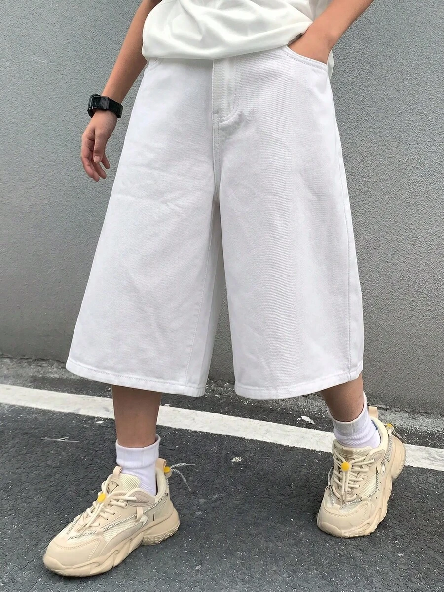 SHEIN 青少年男孩休閒百搭日常穿著牛仔長褲,附口袋 - 白色 - 查看 1