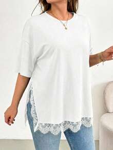 SHEIN Essnce White Lace Patchwork Split Hem Short Sleeve Plus Size Women's T-Shirt - White - View 1