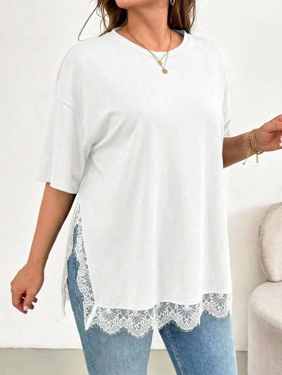 SHEIN Essnce White Lace Patchwork Split Hem Short Sleeve Plus Size Women's T-Shirt - White - View 1