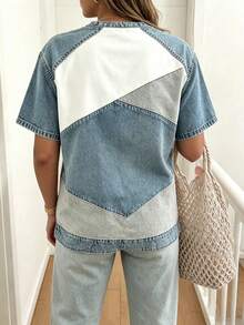 EMERY ROSE Women's Casual Round Neck Short Sleeve T-Shirt With Denim Effect Print - Multicolor - View 2