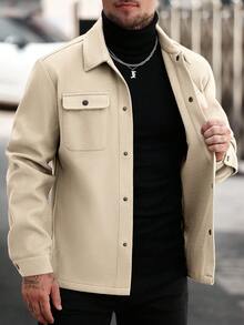 Manfinity Homme 男士纯色常规肩宽长袖前开襟羊毛混纺休闲外套 米色 男士西部衬衫 男士衬衫式外套 米色纽扣衬衫 - 杏色 - 查看 3