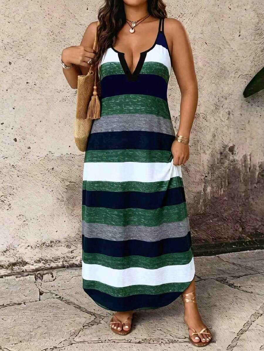 Breezaya Casual Comfortable Striped Fabric Special Shoulder Strap Design Plus Size Dress, Suitable For Spring, Summer, Autumn - Green - View 1