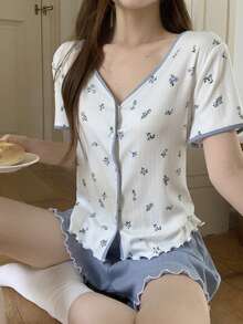 DAZY 女款V領花卉印花短袖上衣與短褲休閒居家服套裝 夏季睡衣 - 藍色 - 查看 3