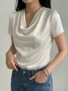 DAZY Camiseta de mujer de manga corta, cuello redondo, ajustada y de color liso para el verano - Blanco - Ver 4