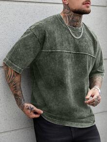 SLATEMANN 男士大尺碼夏季休閒水洗短袖T恤 - 綠色 - 查看 4