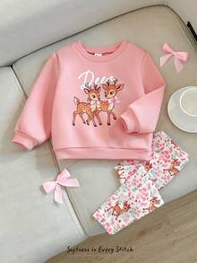 Cozy Pixies 女嬰可愛動物印花加厚運動衫套裝，秋冬新款休閒百搭柔軟舒適 - 粉色 - 查看 1