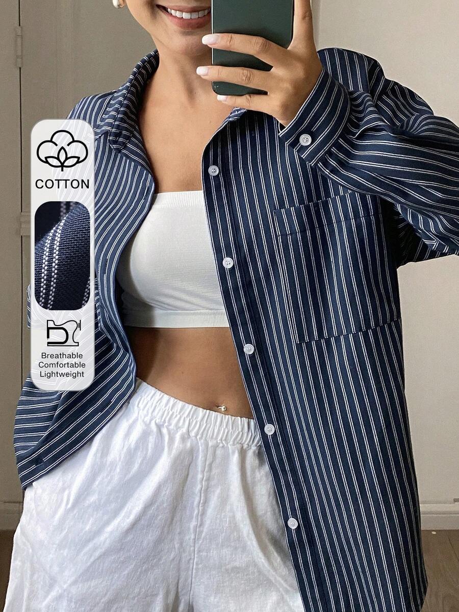 DAZY 女款條紋拼接單排扣休閒百搭日常出遊襯衫 - 藍色 - 查看 1