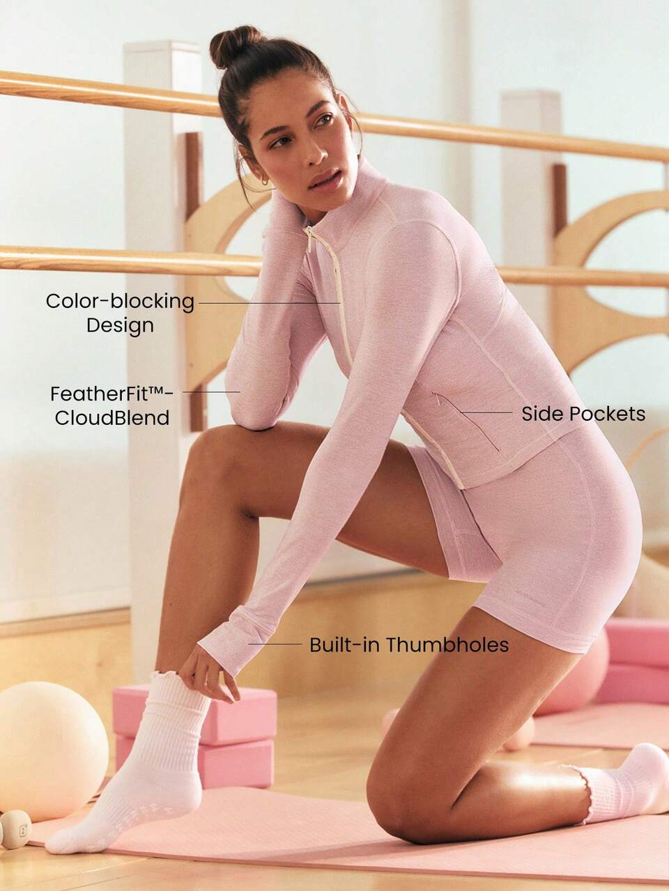 FeatherFit™-CloudBlend Relevé Cropped Zip-Up Slim Fit Jacket With Stand Collar & Pockets Thumbholes Ballet Studio Daily Casual