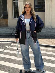 SHEIN CURVE+ Plus Size Women's Colorblock Hooded Drawstring Zip-Up Casual Jacket, Autumn/Winter Fall, 2026 22W - Multicolor - View 5