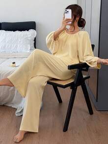 DAZY Women's Solid Color Round Neck Raglan Sleeve Top And Pants Pajama Set - Yellow - View 7
