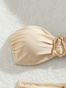 Swim Basics 女士海灘度假休閒全黑可拆卸細肩帶高腰長褲比基尼套裝，附金屬飾品 - 卡其色 - 查看 3