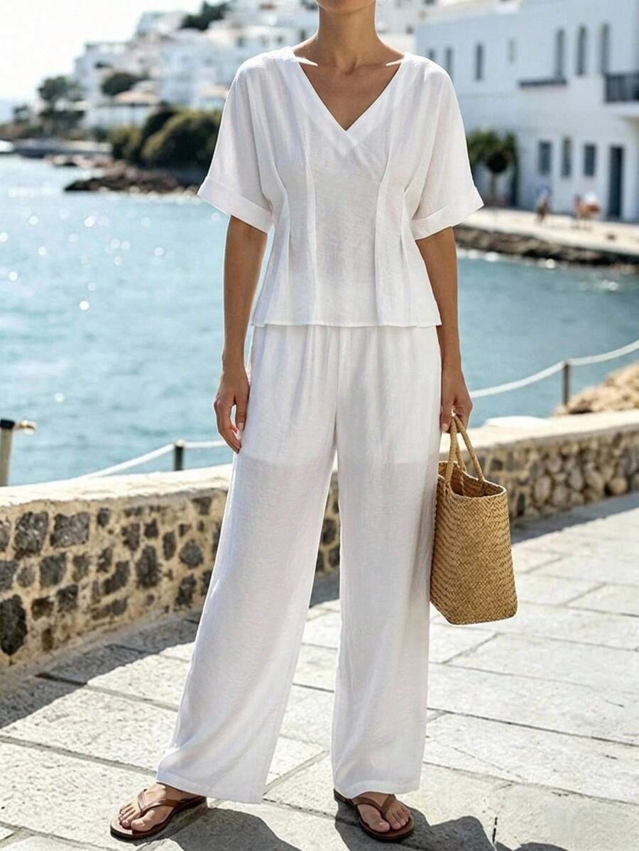 Livesso Women's V-Neck Loose Fit Cinched Waist Shirt And Pants 2 Pieces Set Lounge Sets For Women Vacation - White - View 1