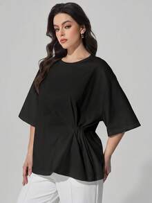 Maija Damen-T-Shirt in Große Größen, einfarbig, mit Rundhalsausschnitt, Drop-Shoulder, Knoten an der Taille, Seitenschlitz am Saum, lässig, Business Casual, gestrickt/gewebt, elegant, für Herbst und Halloween - Schwarz - Übersicht 8