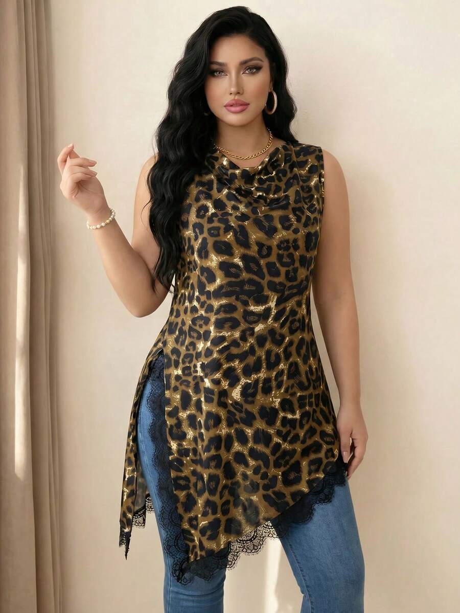 SHEIN Clasi 大尺碼女款無袖蕾絲下擺襯衫,優雅復古風長版上衣,適合工作、畢業典禮、假期、情人節、音樂節、母親節、萬聖節、感恩節、復活節、國慶日、舞會、約會、婚禮、外出等場合 - 棕色 - 查看 1