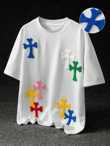 Manfinity Roghcode Herren Große Größen Sommer Lässig Kreuz Stickerei T-Shirt - Weiss - Übersicht 1